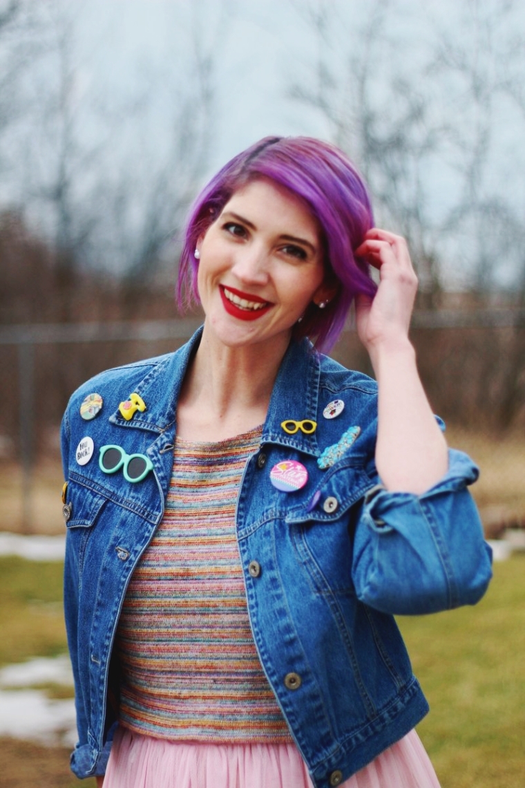 Outfit: striped crop top, denim jacket, vintage pins, purple hair, red lipstick