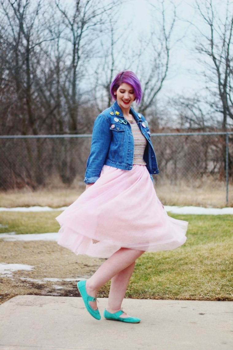 Outfit: pink tulle skirt, striped crop top, denim jacket, vintage pins, thrifted teal shoes, purple hair, red lipstick