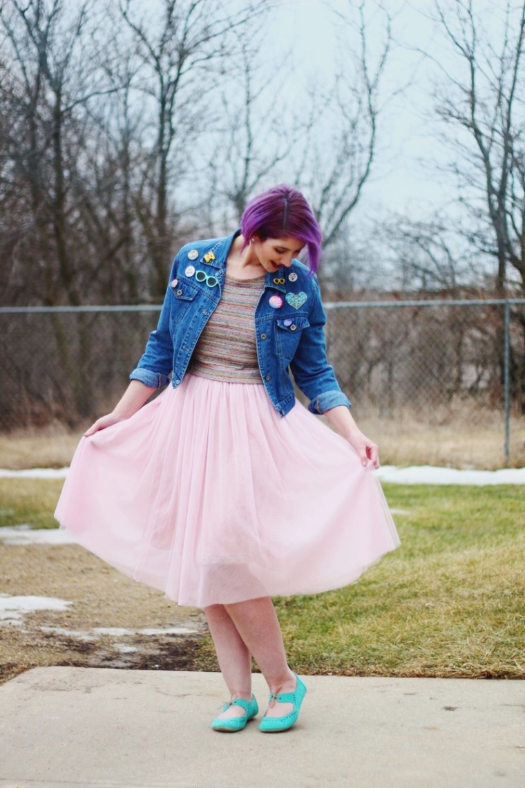 Outfit: pink tulle skirt, striped crop top, denim jacket, vintage pins, thrifted teal shoes, purple hair, red lipstick