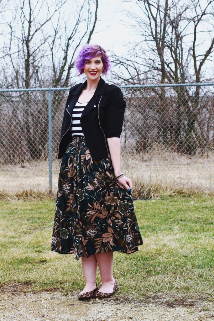 Outfit: vintage 1980s printed skirt with leopard print and floral, striped tee, lace moto jacket, leopard print flats, purple hair