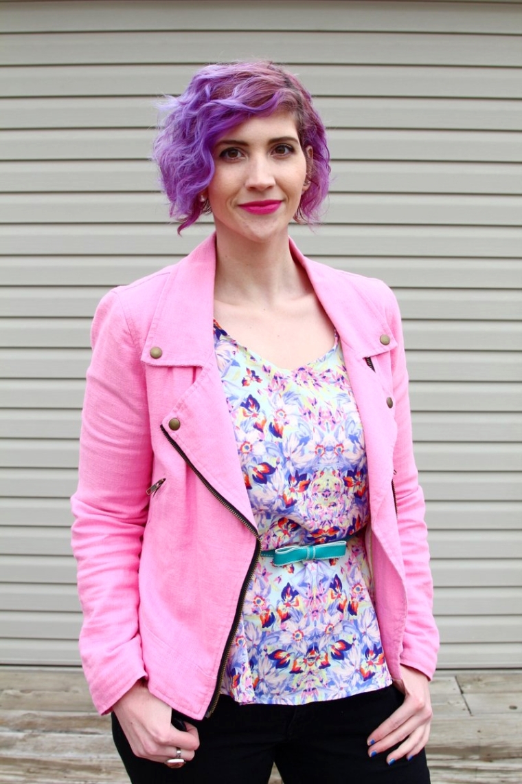 Outfit: Abstract printed peplum sleeveless top, pink moto jacket, teal belt